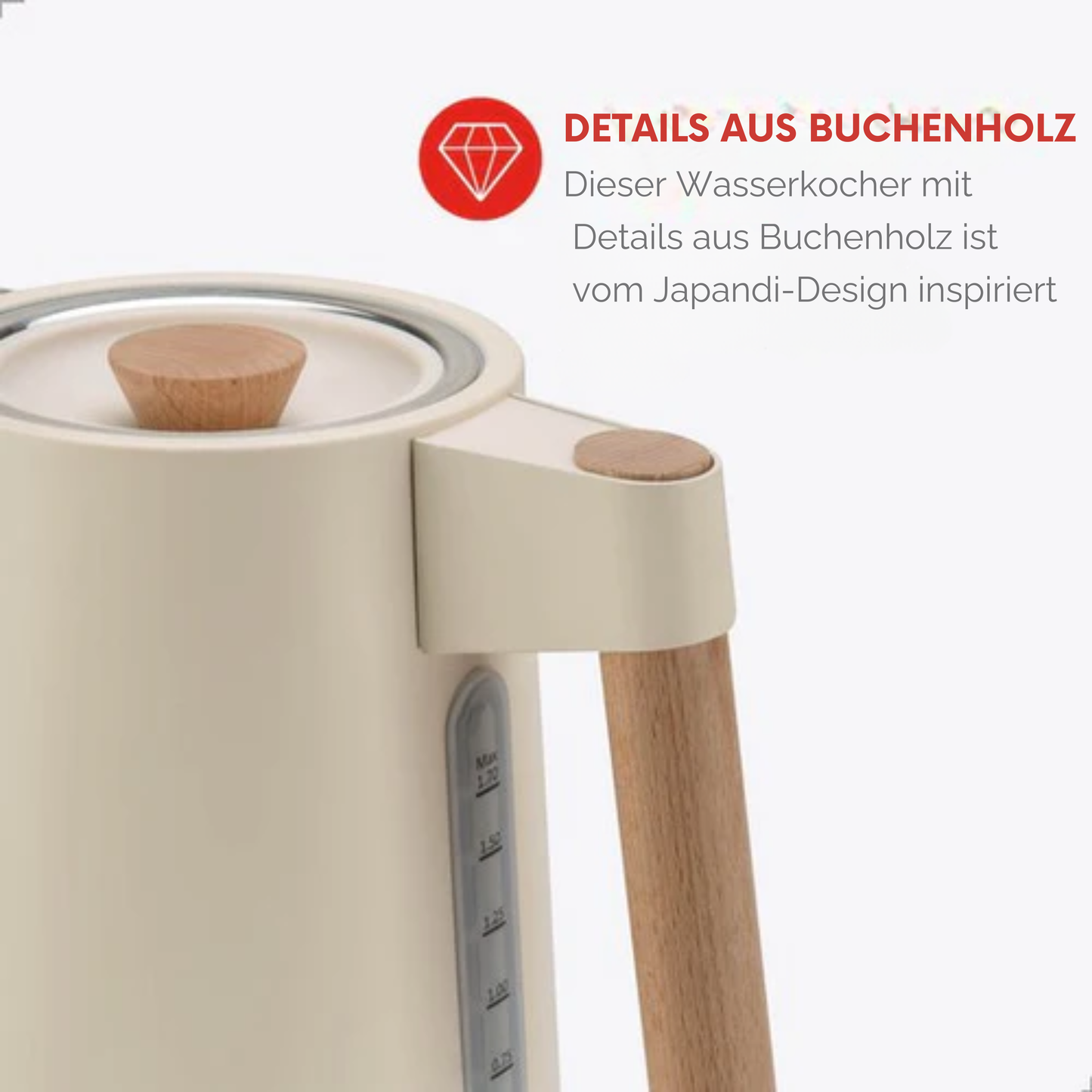 Bourgini Harmony Wasserkocher - Edelstahl - Mit Elementen aus echtem Buchenholz - 1.7L - Cremeweiß