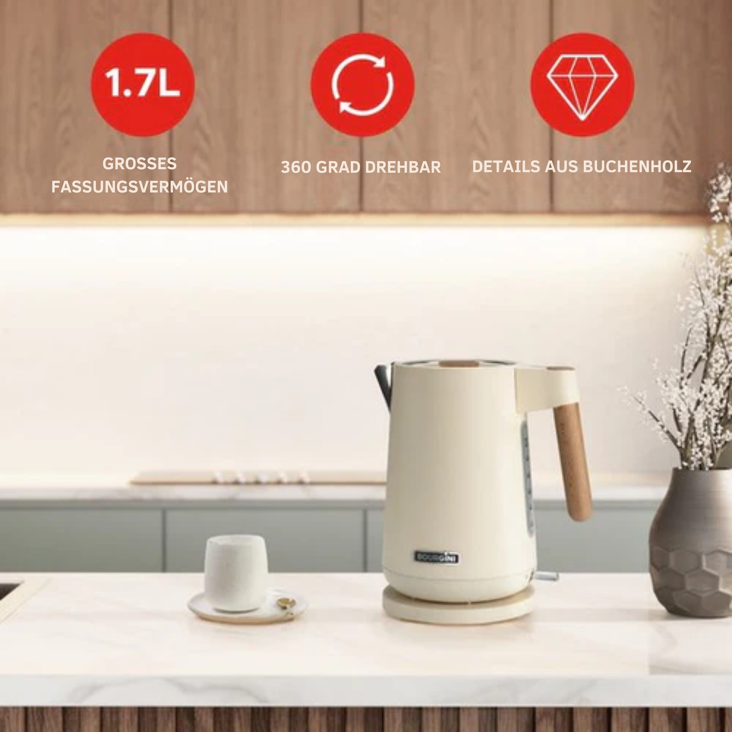 Bourgini Harmony Wasserkocher - Edelstahl - Mit Elementen aus echtem Buchenholz - 1.7L - Cremeweiß