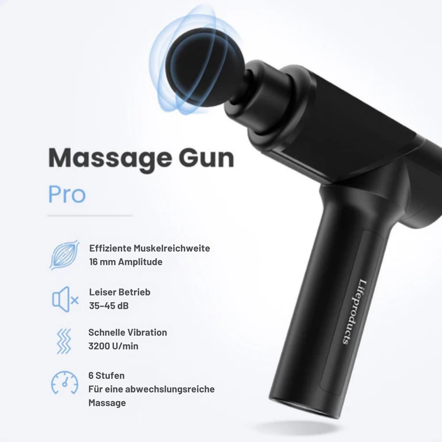Lifeproducts Massagepistole PRO - Inkl. 8 Massageköpfe - Mit 6 Geschwindigkeitsstufen - Schwarz