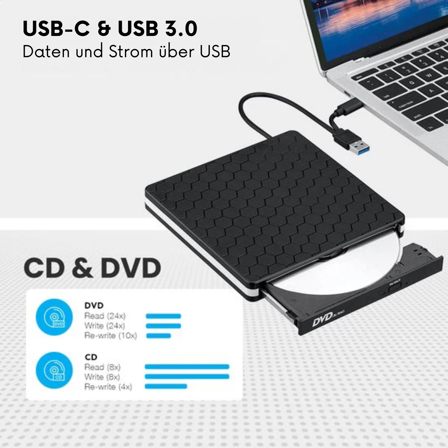 Auronic Externer DVD-Player - Für Laptop und Brenner - USB 3.0 oder USB C - Windows, MacOS & Linux - Inkl. Hülle + Kabel - Schwarz