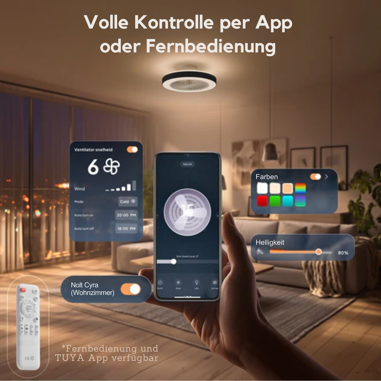 Nolt Deckenventilator - Mit Beleuchtung - LED RGBW - Tuya Wifi Smart - Mit Fernbedienung - ⌀ 50cm - Schwarz