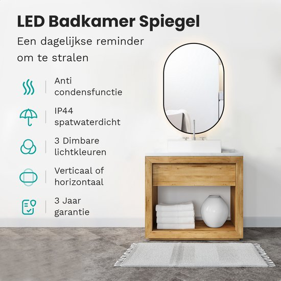 Mirlux Badezimmerspiegel Oval 90x60 cm - LED-Beleuchtung & Heizung - Anti-Beschlag-Duschspiegel - Schwarz