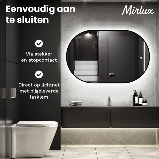 Mirlux Badezimmerspiegel Oval 90x60 cm - LED-Beleuchtung & Heizung - Anti-Beschlag-Duschspiegel - Schwarz