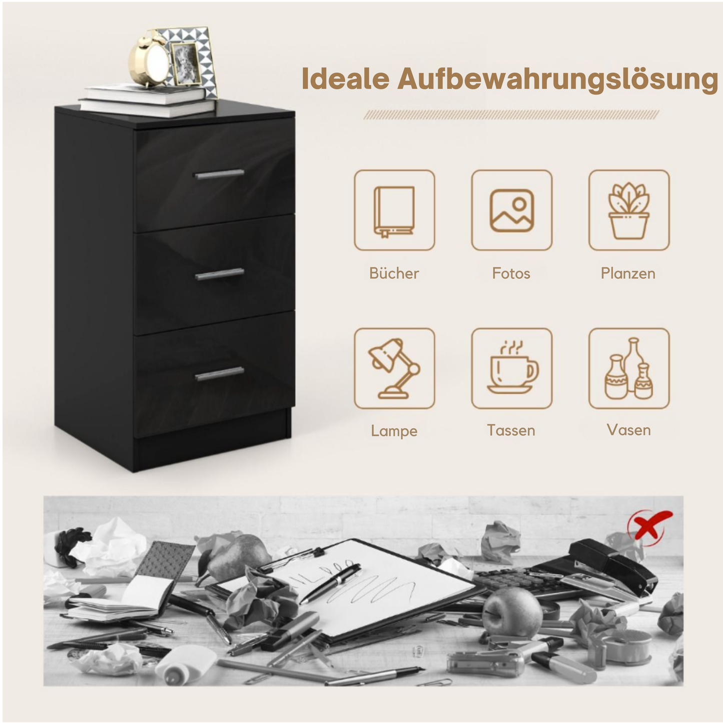 Coast Aktenschrank - Mit 3 Schubladen - 55 kg Kapazität - Für Büro & Home Office - 37,1 x 34,2 x 66,5 cm - Schwarz & Holzverbundwerkstoff