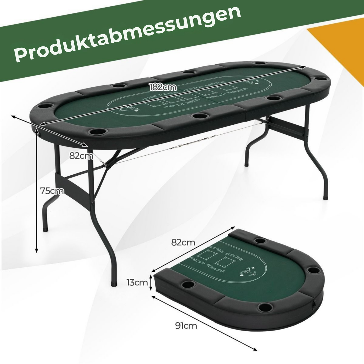 Coast Klappbarer Casinotisch - Für 8 Spieler - 182x82x75 cm - Schwarz/Grün