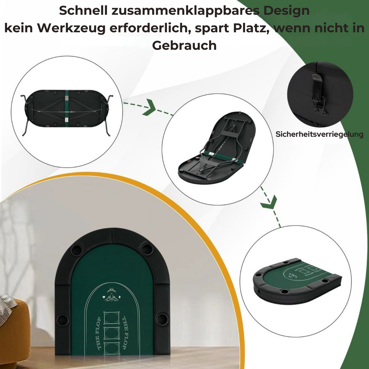 Coast Klappbarer Casinotisch - Für 8 Spieler - 182x82x75 cm - Schwarz/Grün