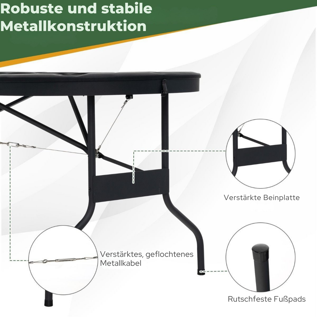 Coast Klappbarer Casinotisch - Für 8 Spieler - 182x82x75 cm - Schwarz/Grün