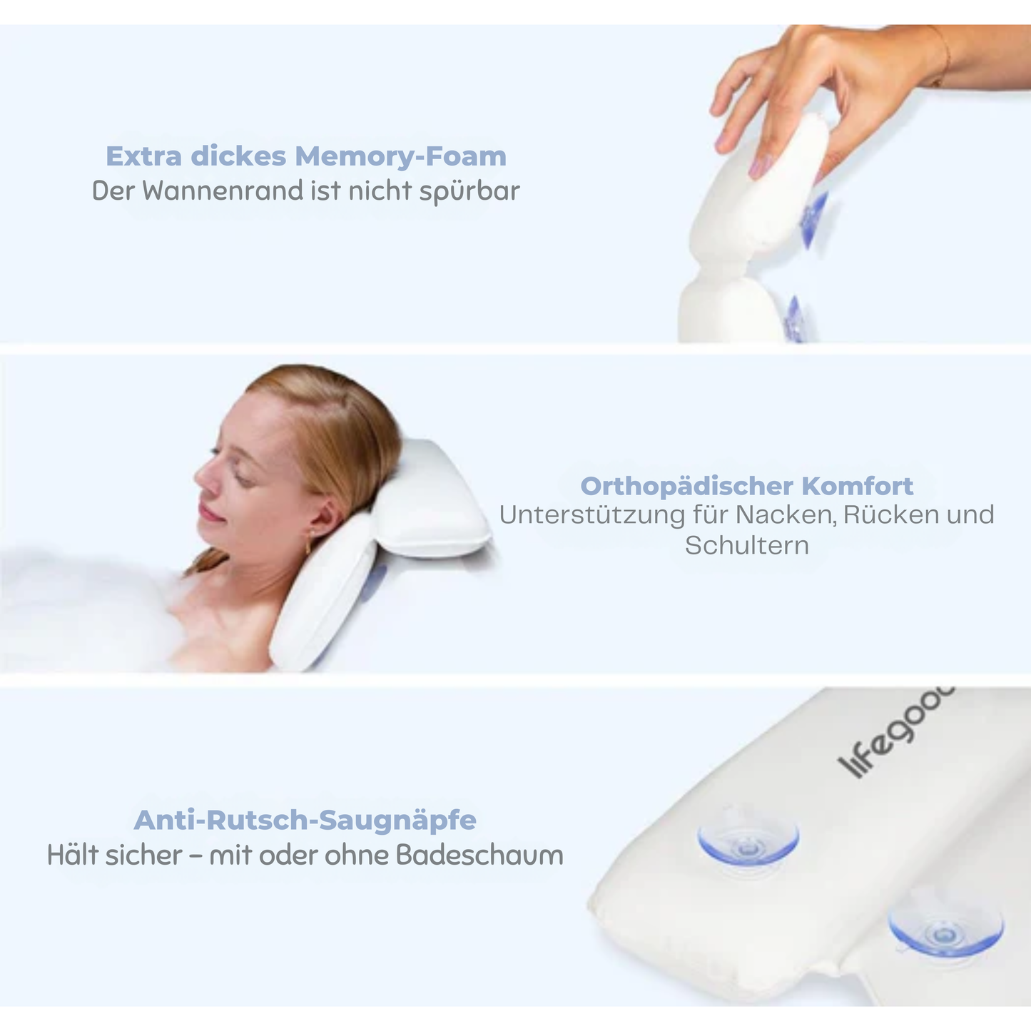 LifeGoods Badekissen - Mit Anti-Rutsch-Saugnäpfen - Für Bad und Whirlpool - Weiß