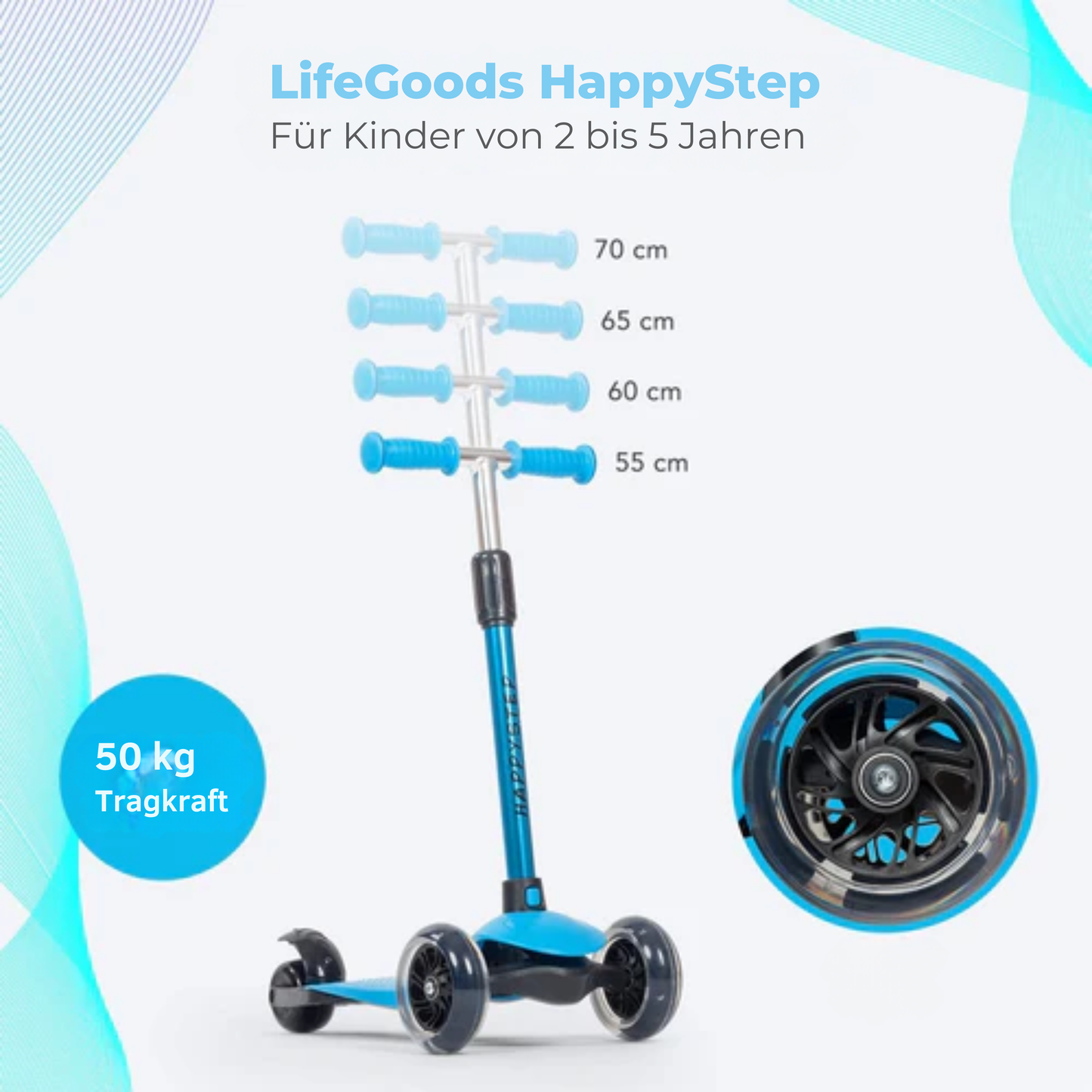 LifeGoods HappyStep Kinder-Roller - Alter 2-5 Jahre - 3 leuchtende Räder - Jungen/Mädchen - Blau