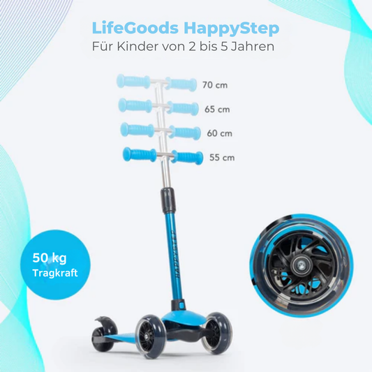 LifeGoods HappyStep Kinder-Roller - Alter 2-5 Jahre - 3 leuchtende Räder - Jungen/Mädchen - Blau