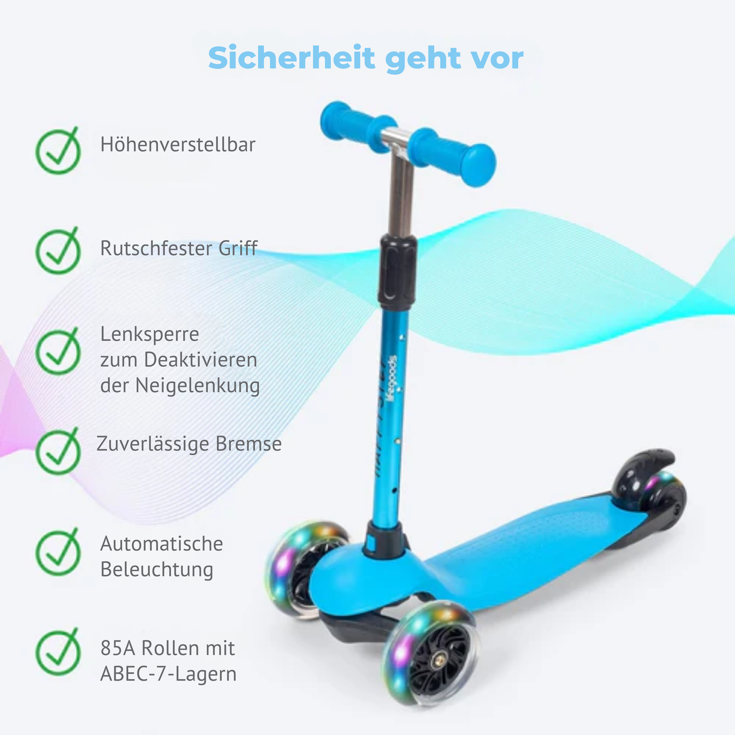 LifeGoods HappyStep Kinder-Roller - Alter 2-5 Jahre - 3 leuchtende Räder - Jungen/Mädchen - Blau