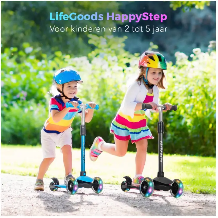 LifeGoods HappyStep - Kinder-Roller - Schritt 2-5 Jahre - 3 leuchtende Räder - Jungen/Mädchen - Schwarz
