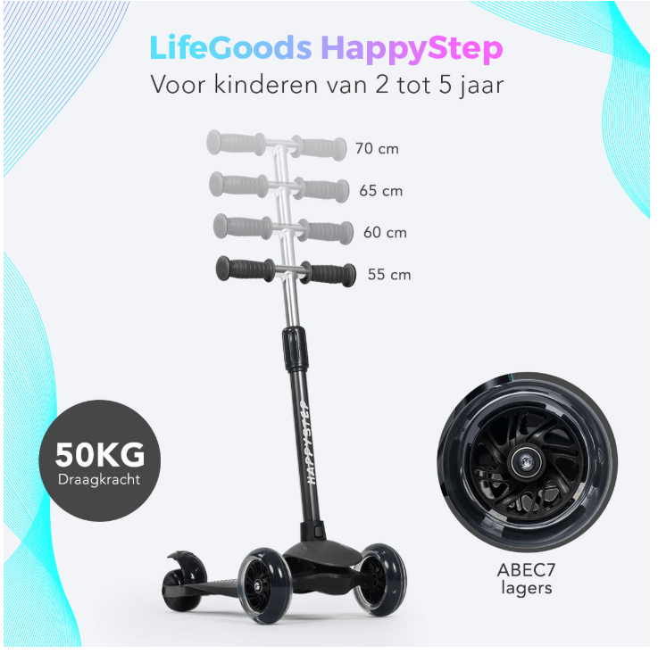 LifeGoods HappyStep - Kinder-Roller - Schritt 2-5 Jahre - 3 leuchtende Räder - Jungen/Mädchen - Schwarz