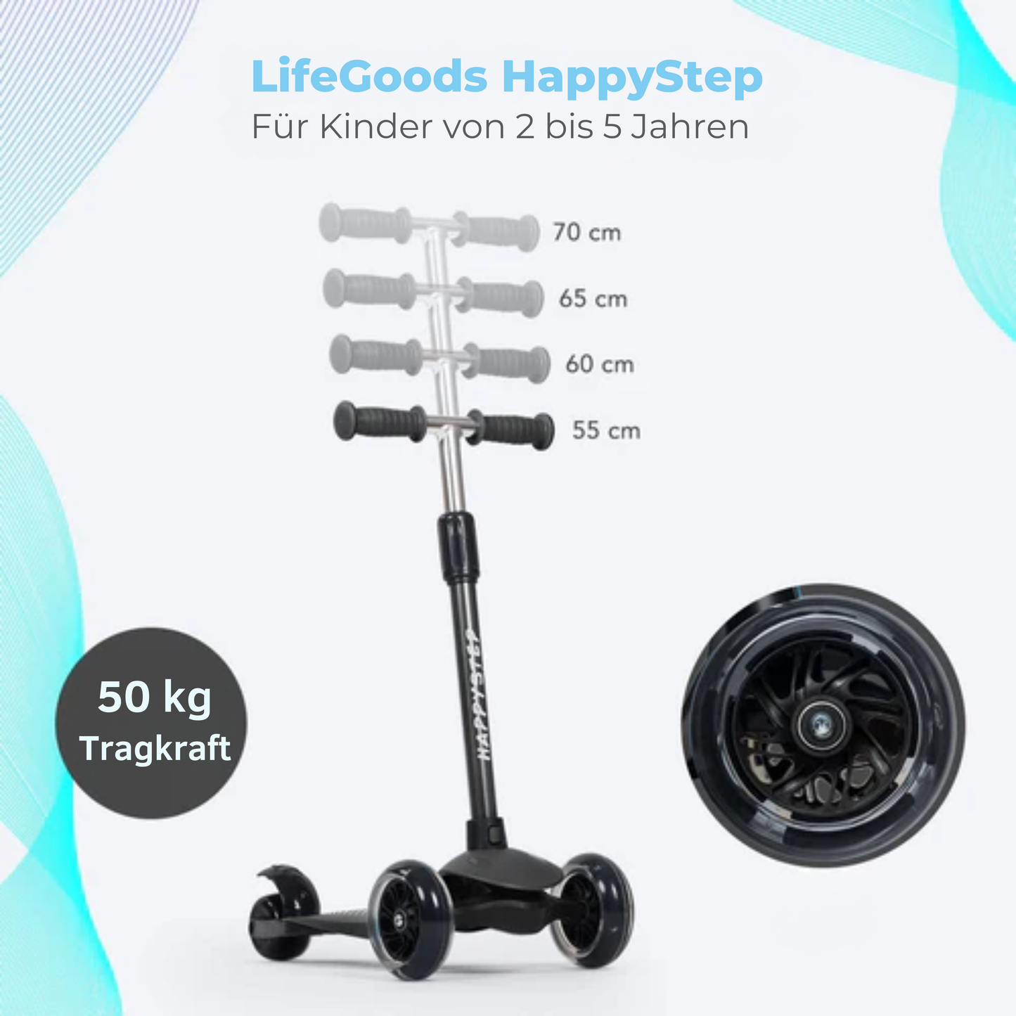 LifeGoods TurboRide Kinder-Roller - Stufe 5-8 Jahre - 3 leuchtende Räder - Jungen/Mädchen - Schwarz