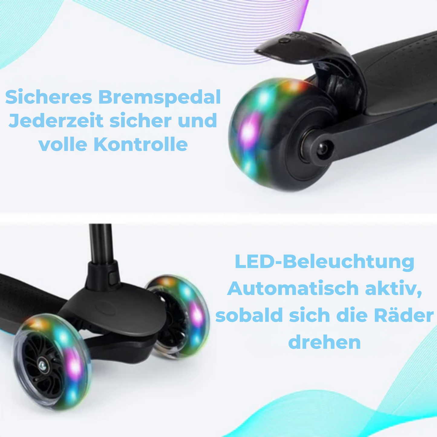 LifeGoods TurboRide Kinder-Roller - Stufe 5-8 Jahre - 3 leuchtende Räder - Jungen/Mädchen - Schwarz