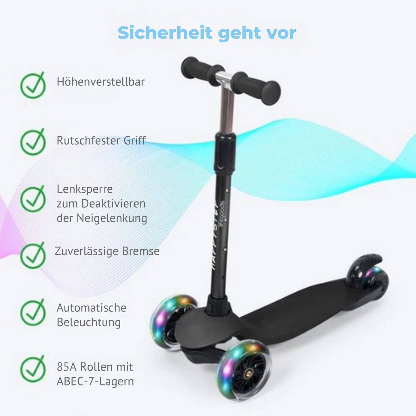 LifeGoods TurboRide Kinder-Roller - Stufe 5-8 Jahre - 3 leuchtende Räder - Jungen/Mädchen - Schwarz