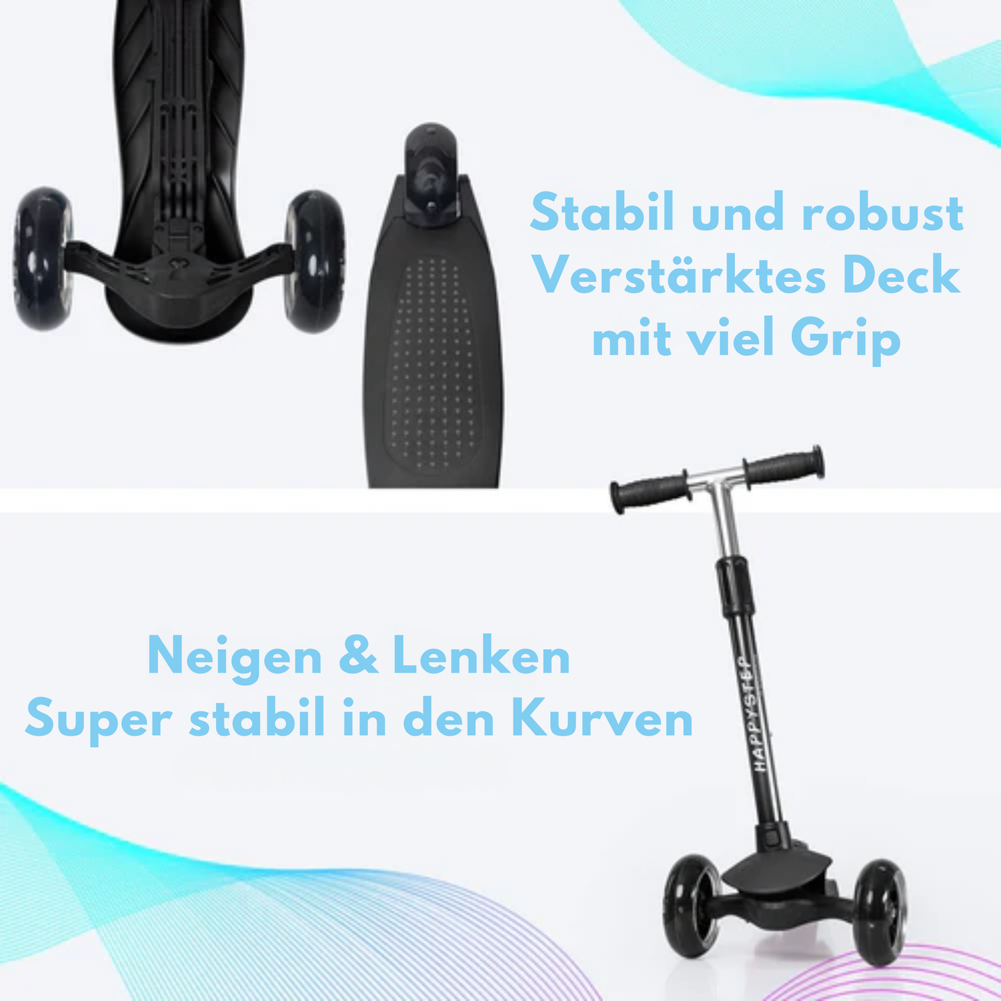 LifeGoods TurboRide Kinder-Roller - Stufe 5-8 Jahre - 3 leuchtende Räder - Jungen/Mädchen - Schwarz