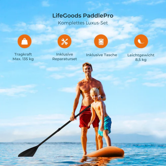LifeGoods SUP Board - Deluxe Set - Mit Sitz - Aufblasbares Paddle Board - Max. 135KG - 320x81cm - Orange