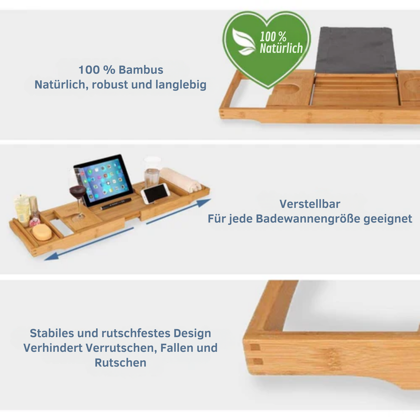 LifeGoods Badewannenbrett - Ausziehbar - Für die Badewanne - 74,5 bis 108,5 cm - Mit Halterung - Holz