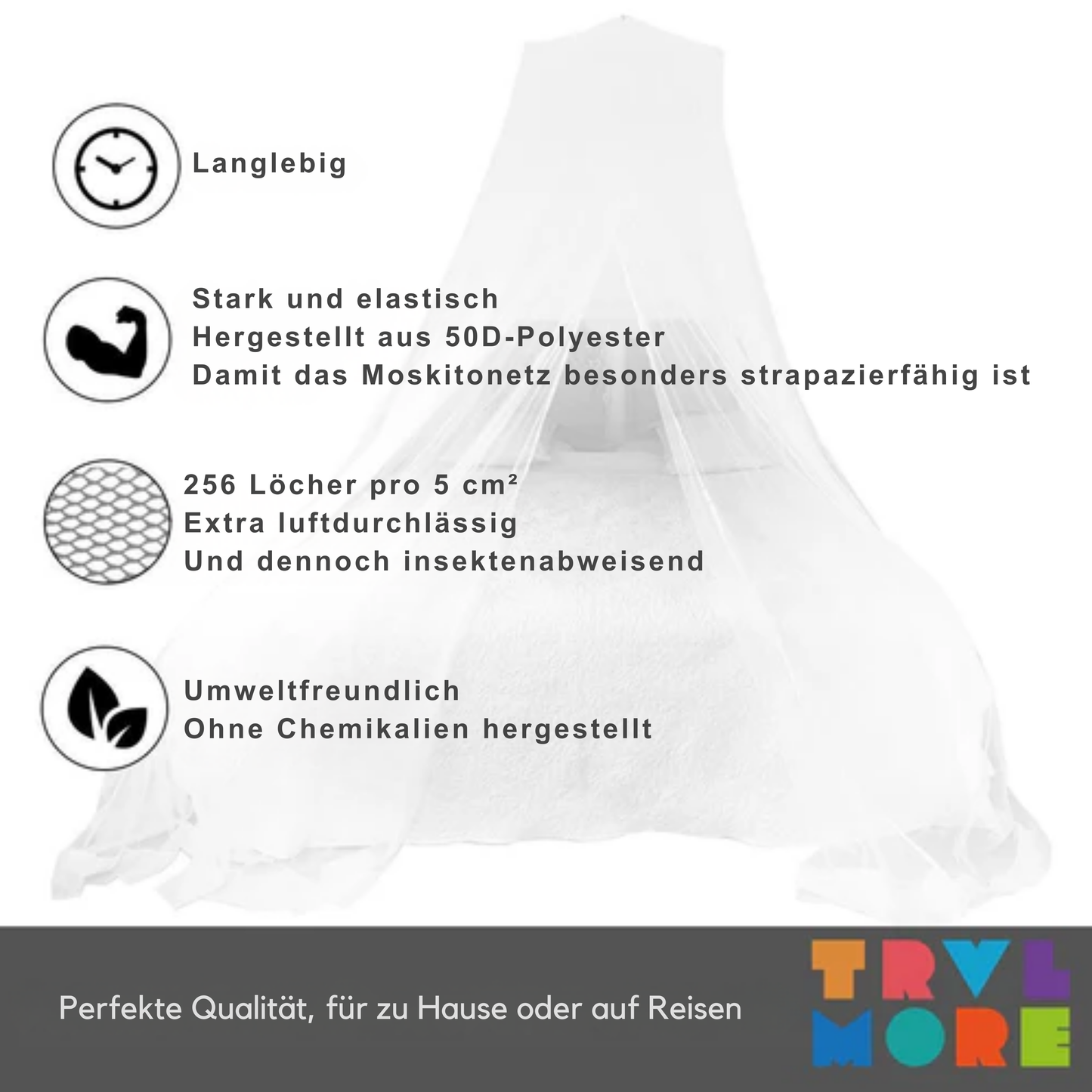 TRVLMORE Double XL Moskitonetz de Luxe - Rundes Moskitonetz - Für Reisen - Geeignet für Doppelbett - Extra groß - Mit Aufhängeschnur - Weiß