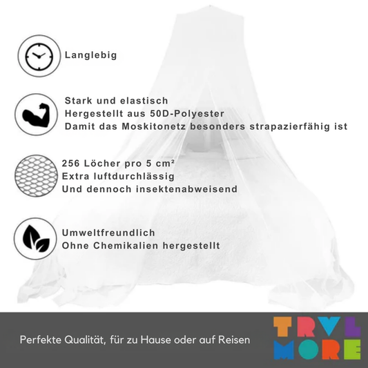TRVLMORE Double XL Moskitonetz de Luxe - Rundes Moskitonetz - Für Reisen - Geeignet für Doppelbett - Extra groß - Mit Aufhängeschnur - Weiß