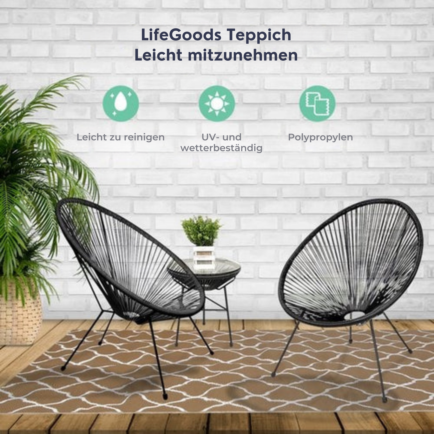 LifeGoods Outdoor-Teppich - 120x180CM - Gartenteppich - Reversibel - Inkl. Tragetasche - Mit Muster - Beige/Weiß