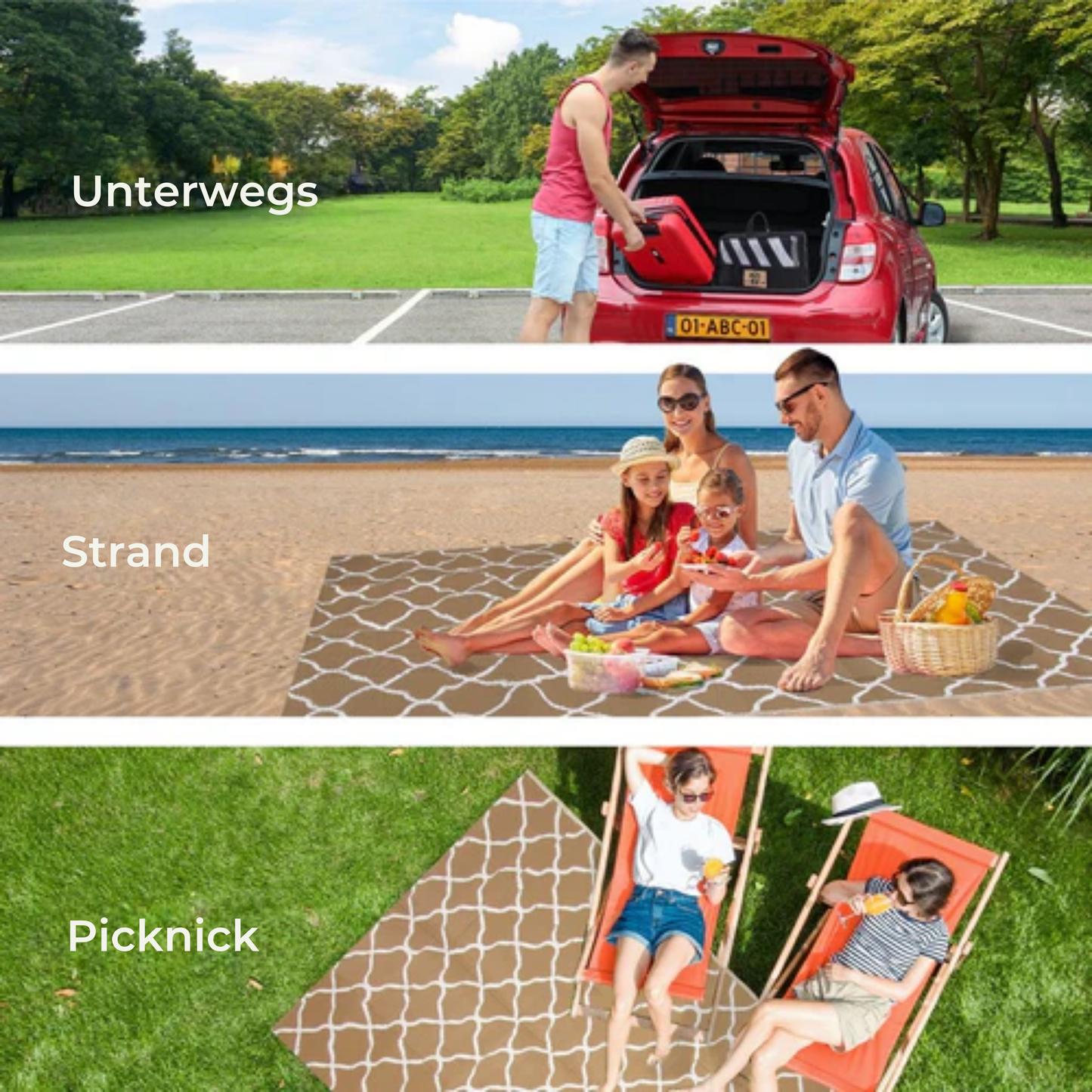 LifeGoods Outdoor-Teppich - 120x180CM - Gartenteppich - Reversibel - Inkl. Tragetasche - Mit Muster - Beige/Weiß
