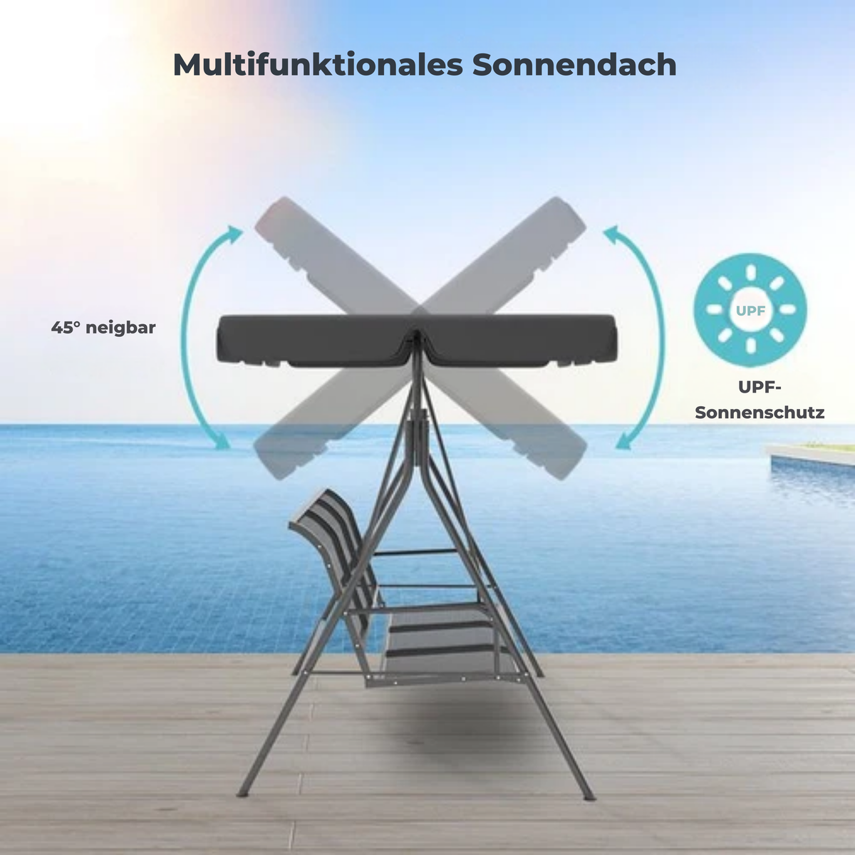 LifeGoods Schaukelbank - 3-Sitzer - Bis zu 250KG - Kippbares Dach - UV-beständiger Sonnenschirm - 172x104x162cm - Grau