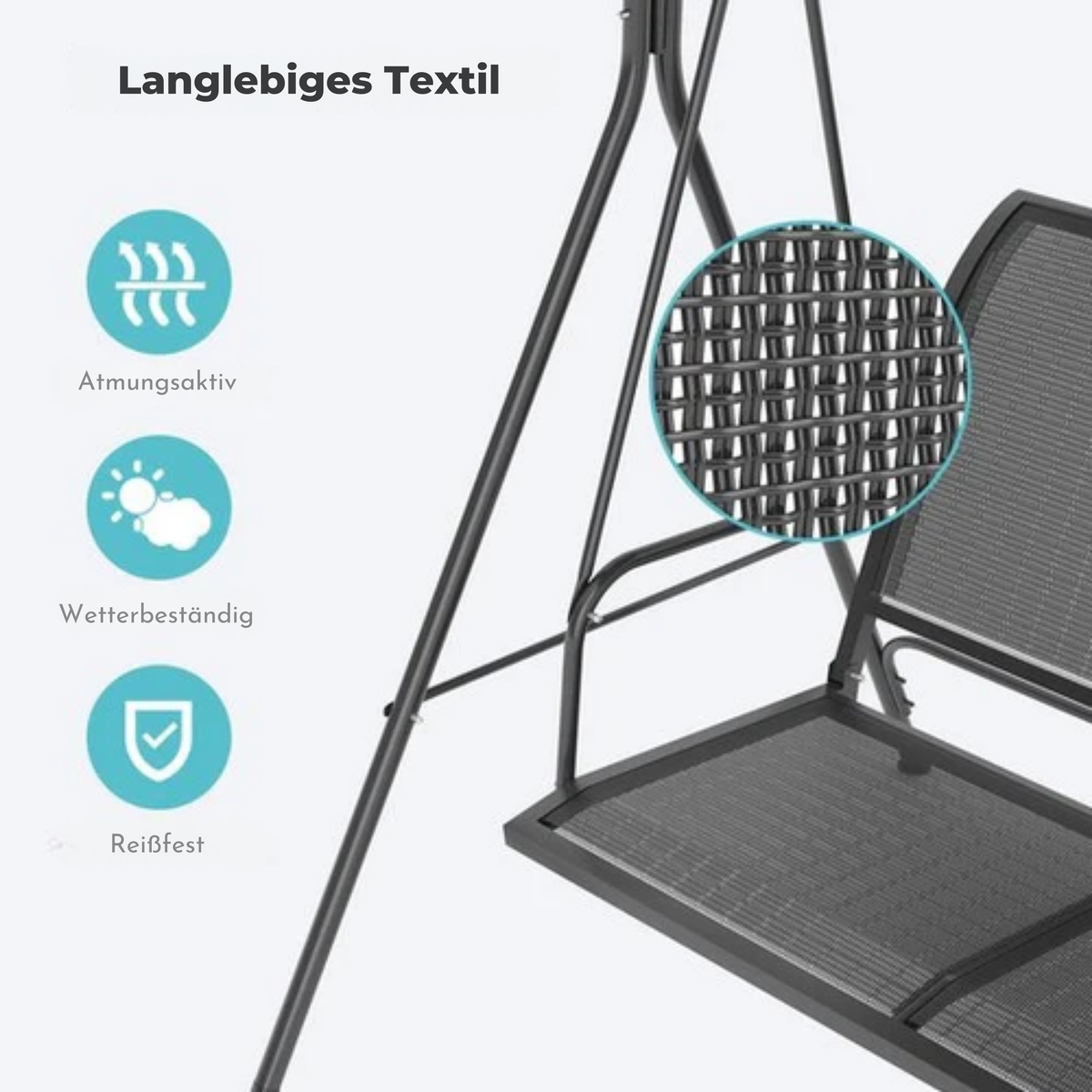 LifeGoods Schaukelbank - 3-Sitzer - Bis zu 250KG - Kippbares Dach - UV-beständiger Sonnenschirm - 172x104x162cm - Grau