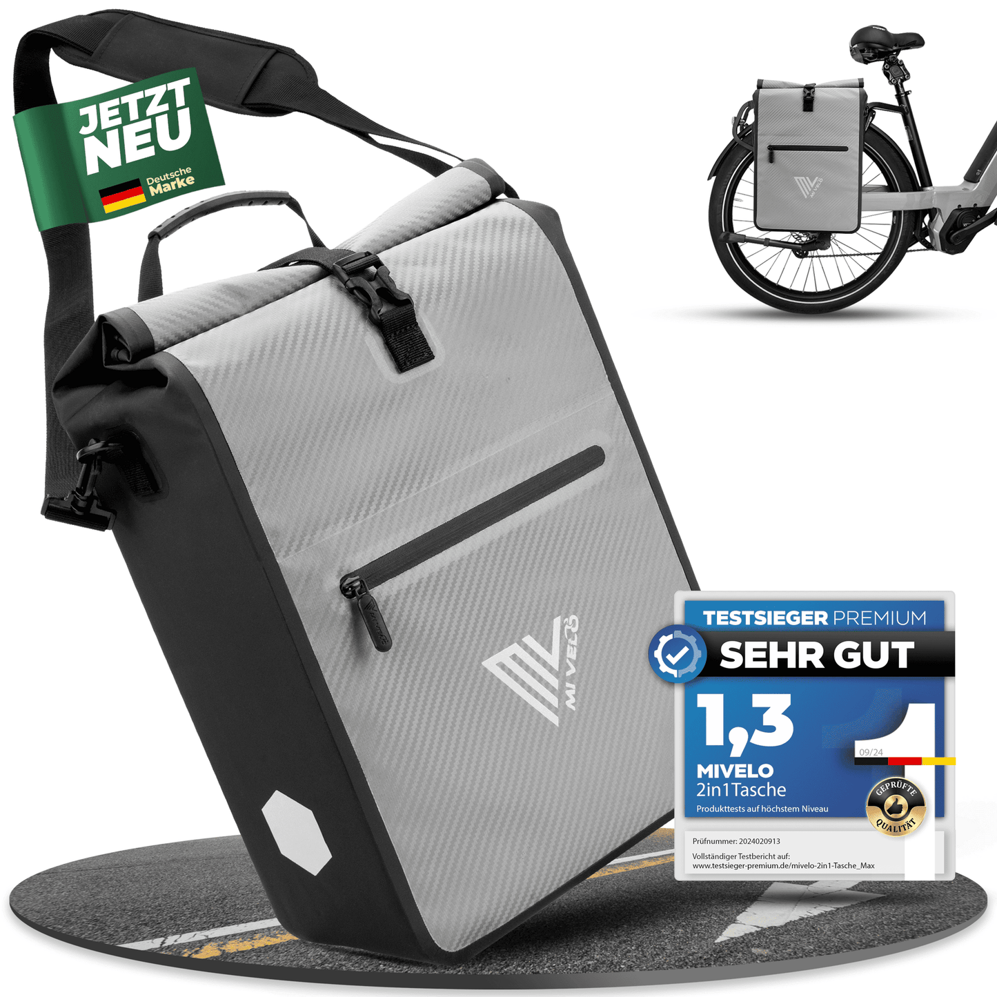 MiVelo Max - 2-in-1 wasserdichte Gepäckträgertasche für Gepäckträger - Carbon Grey - 25 L