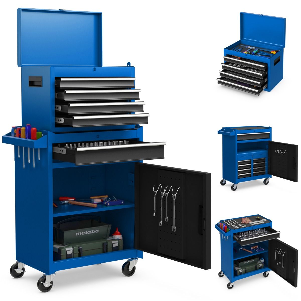 Coast Mobiler Werkzeugkasten (2-in-1) - 5 Schubladen, unterer Schrank und verstellbare Einlegeböden - 102 x 59 x 28 cm - Metall - Blau
