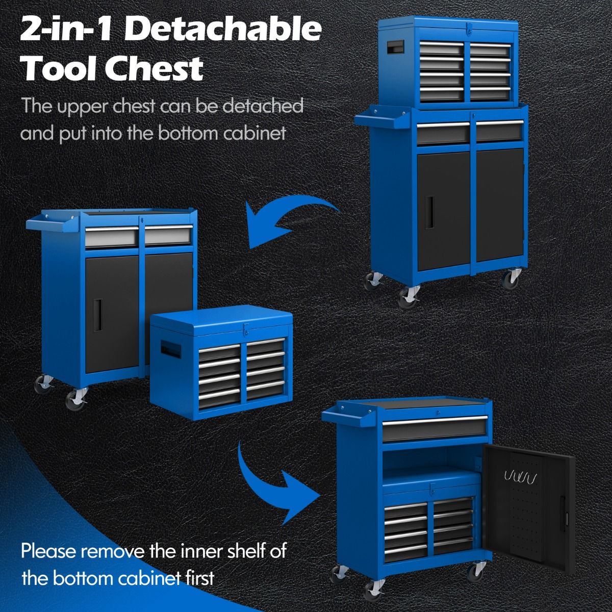 Coast Mobiler Werkzeugkasten (2-in-1) - 5 Schubladen, unterer Schrank und verstellbare Einlegeböden - 102 x 59 x 28 cm - Metall - Blau