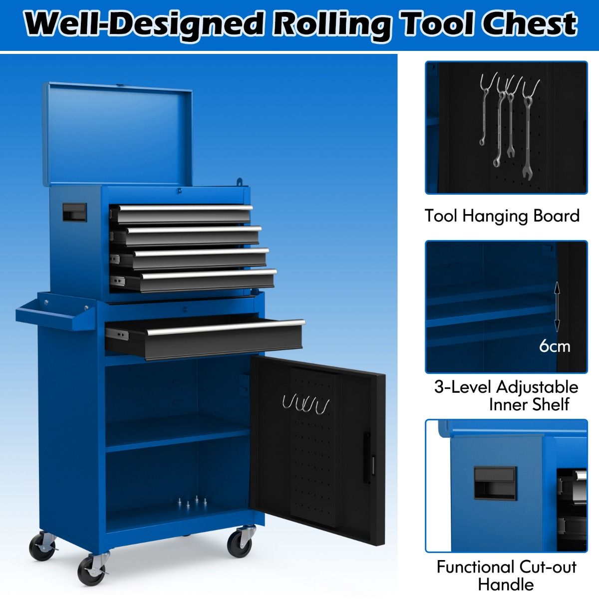 Coast Mobiler Werkzeugkasten (2-in-1) - 5 Schubladen, unterer Schrank und verstellbare Einlegeböden - 102 x 59 x 28 cm - Metall - Blau