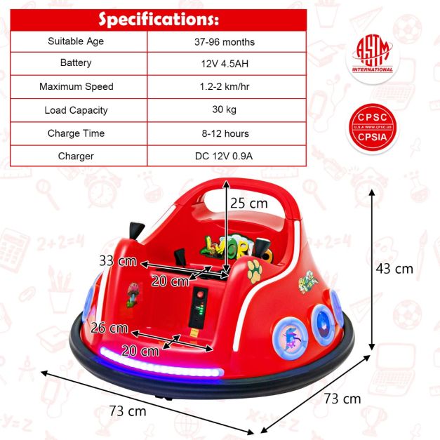 Coast Autoscooter - 360 Grad drehbar - 12V - Inkl. Musik & Licht - 73x73x43cm - Rot