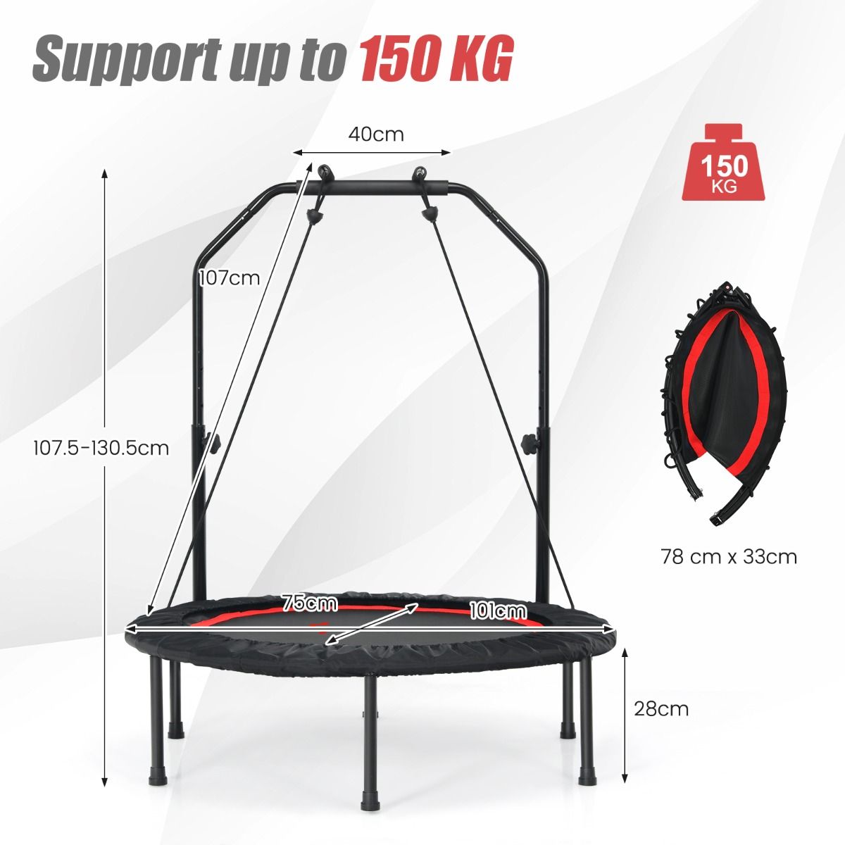 Coast Fitness Trampolin Ø101 cm Rot - Faltbares Mini-Trampolin mit verstellbarem Griff & 2 Widerstandsriemen - Maximale Belastbarkeit 150 kg