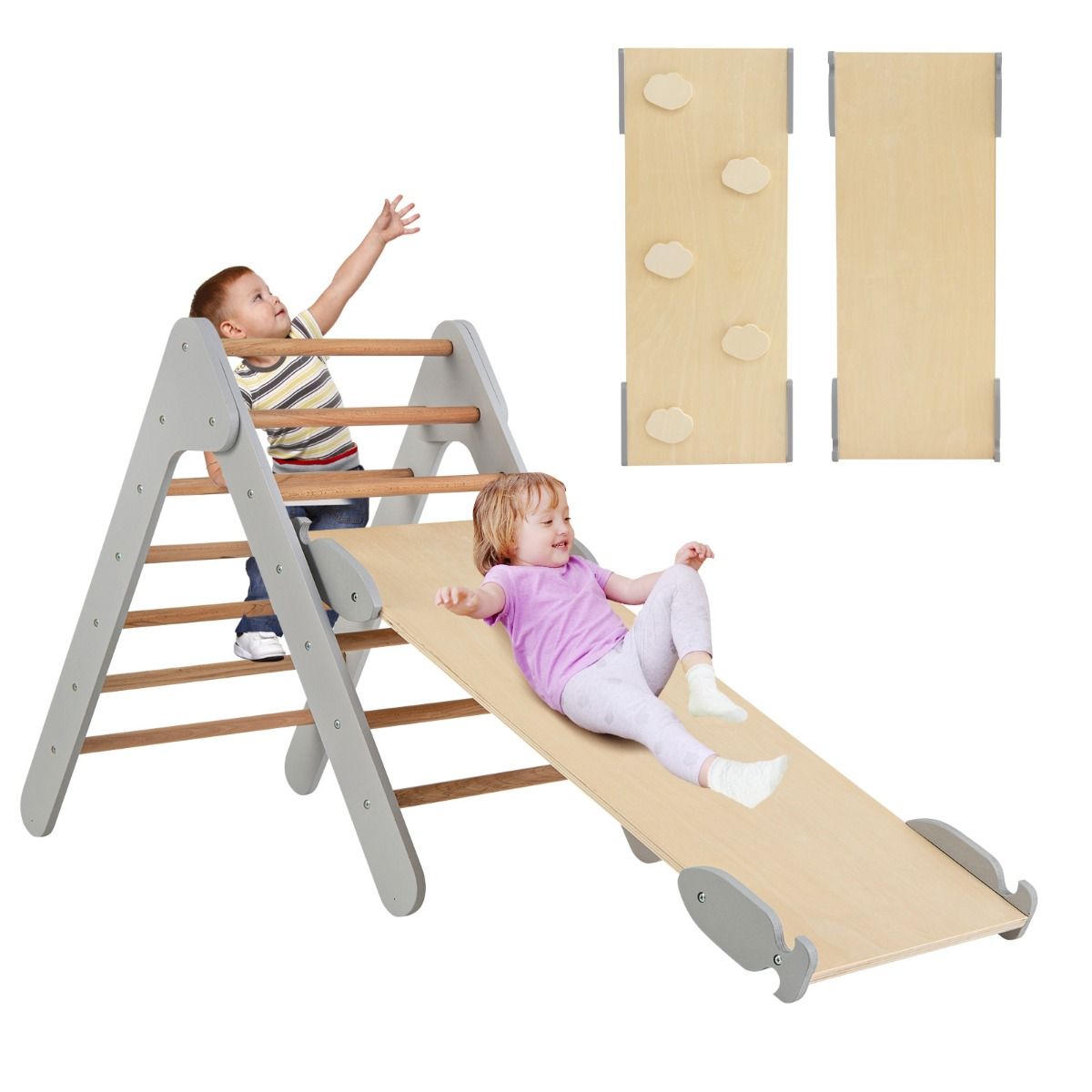 Coast Kletterdreieck mit Rutsche - 86,5x48x73,5 cm - Klettergerüst aus Holz mit verstellbarer Schräge 98x38 cm - Natur/Grau