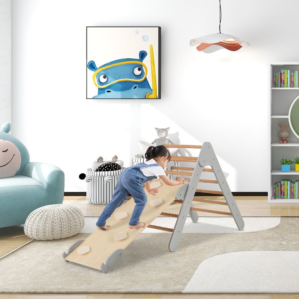 Coast Kletterdreieck mit Rutsche - 86,5x48x73,5 cm - Klettergerüst aus Holz mit verstellbarer Schräge 98x38 cm - Natur/Grau