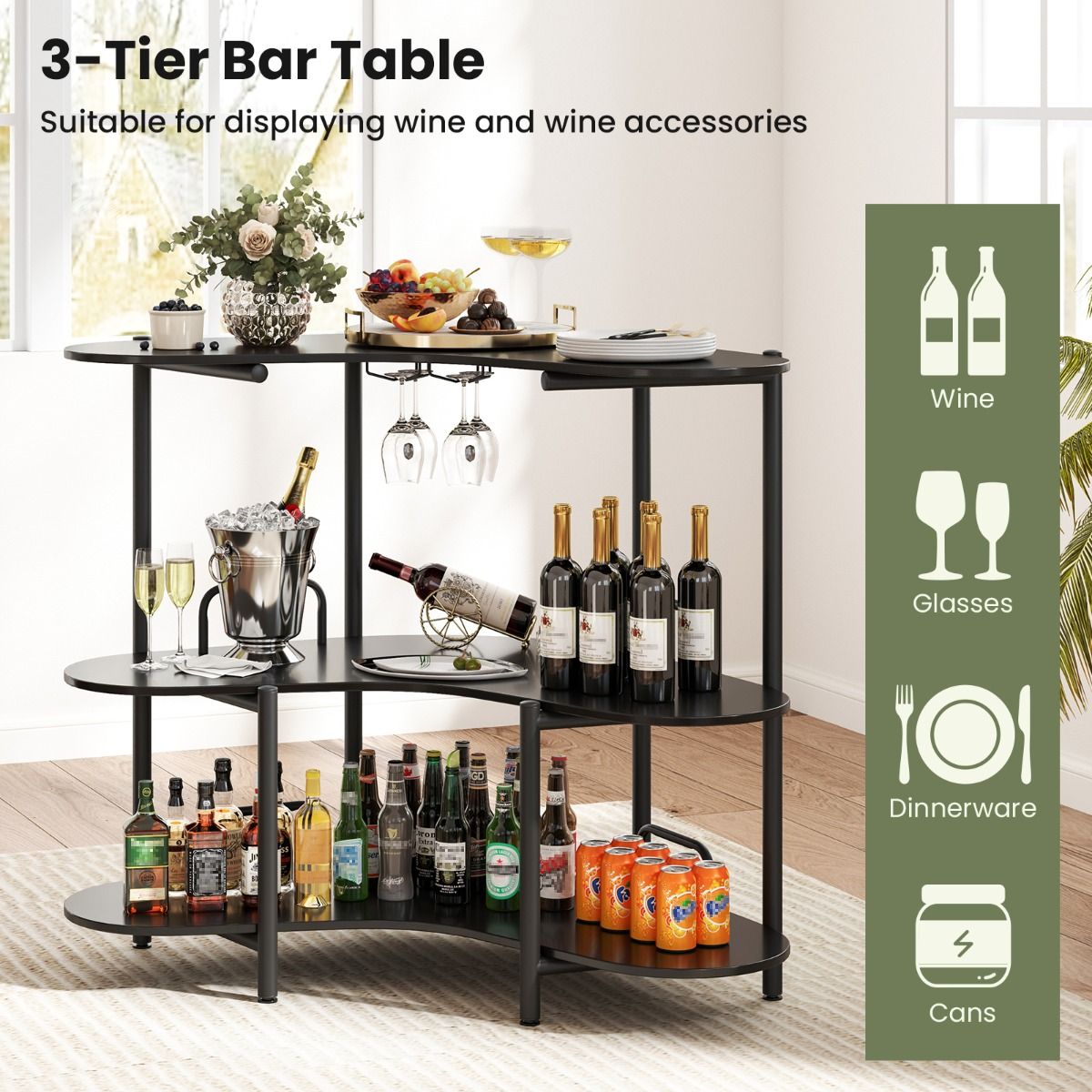 Coast Bartisch Küchentisch - 3 Ebenen, Glashalter, Max. 90 kg - 120 x 66 x 102 cm - Holzfaserplatte/Metall - Schwarz