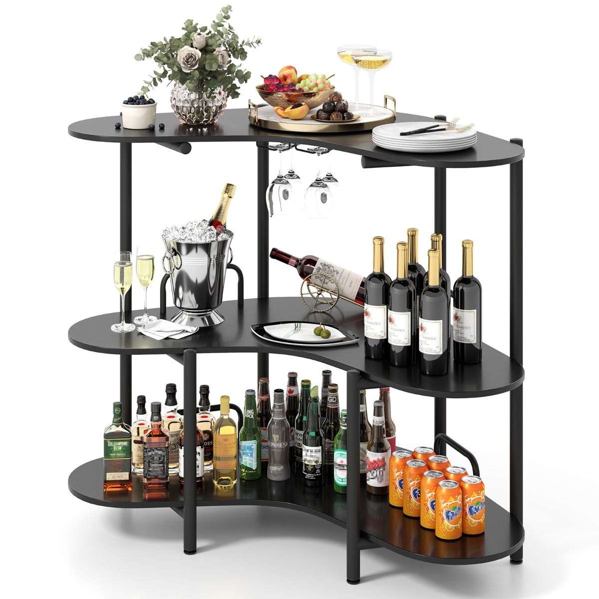 Coast Bartisch Küchentisch - 3 Ebenen, Glashalter, Max. 90 kg - 120 x 66 x 102 cm - Holzfaserplatte/Metall - Schwarz
