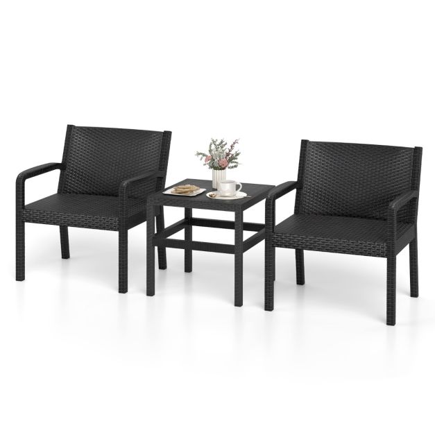 Coast Balkonset Schwarz - 3-teiliges Gartenmöbelset in Rattanoptik mit 2 Stühlen und Tisch - Tisch 50 x 50 x 52,5 cm