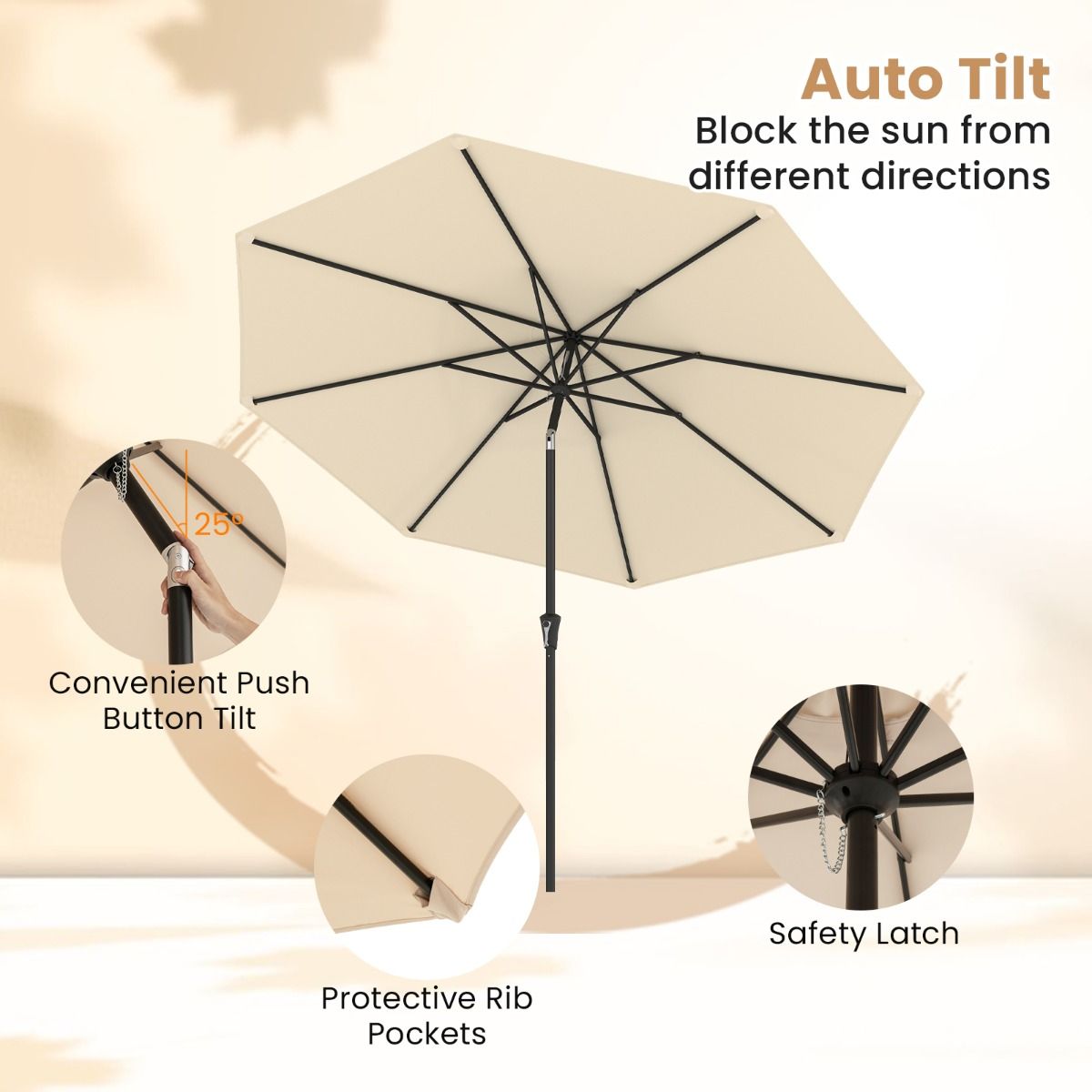 Coast Terrassen-Sonnenschirm 303 cm Beige - Kippbarer Sonnenschirm mit Kurbel, 8 Ballen & Doppeldach für Garten, Terrasse oder Schwimmbad