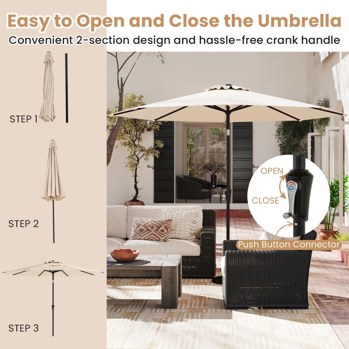 Coast Terrassen-Sonnenschirm 303 cm Beige - Kippbarer Sonnenschirm mit Kurbel, 8 Ballen & Doppeldach für Garten, Terrasse oder Schwimmbad