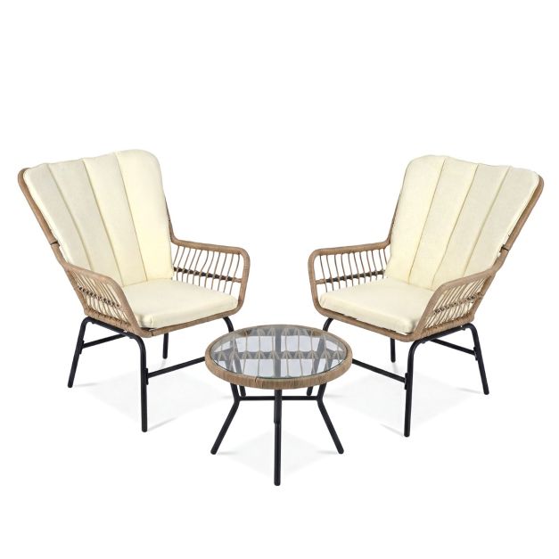 Coast 3-teiliges Bistro-Set - Inklusive Kissen - Tisch aus gehärtetem Glas - Wetterfest - Braun/Beige