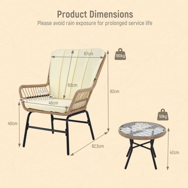 Coast 3-teiliges Bistro-Set - Inklusive Kissen - Tisch aus gehärtetem Glas - Wetterfest - Braun/Beige