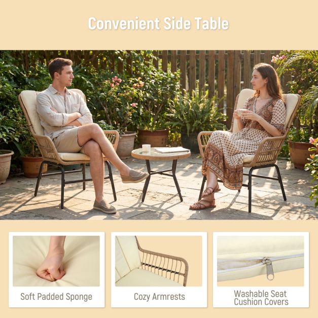 Coast 3-teiliges Bistro-Set - Inklusive Kissen - Tisch aus gehärtetem Glas - Wetterfest - Braun/Beige
