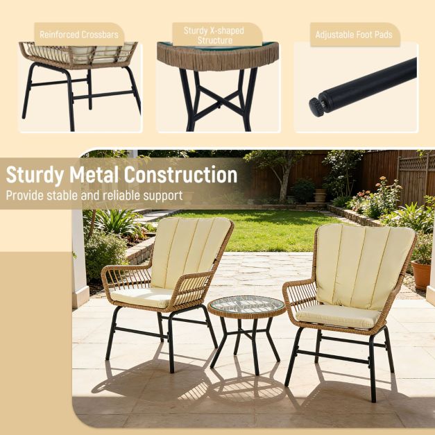 Coast 3-teiliges Bistro-Set - Inklusive Kissen - Tisch aus gehärtetem Glas - Wetterfest - Braun/Beige