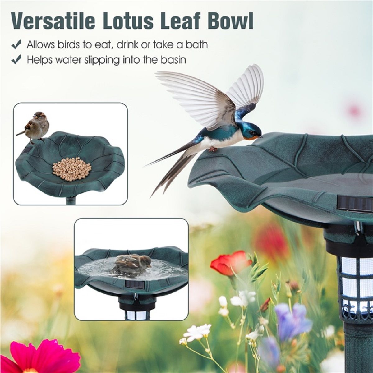 Coast Retro Vogeltränke mit Solarbeleuchtung - Vogelfutterhaus mit Blumentopf und Ständer - grün - 43 x 43 x 76 cm