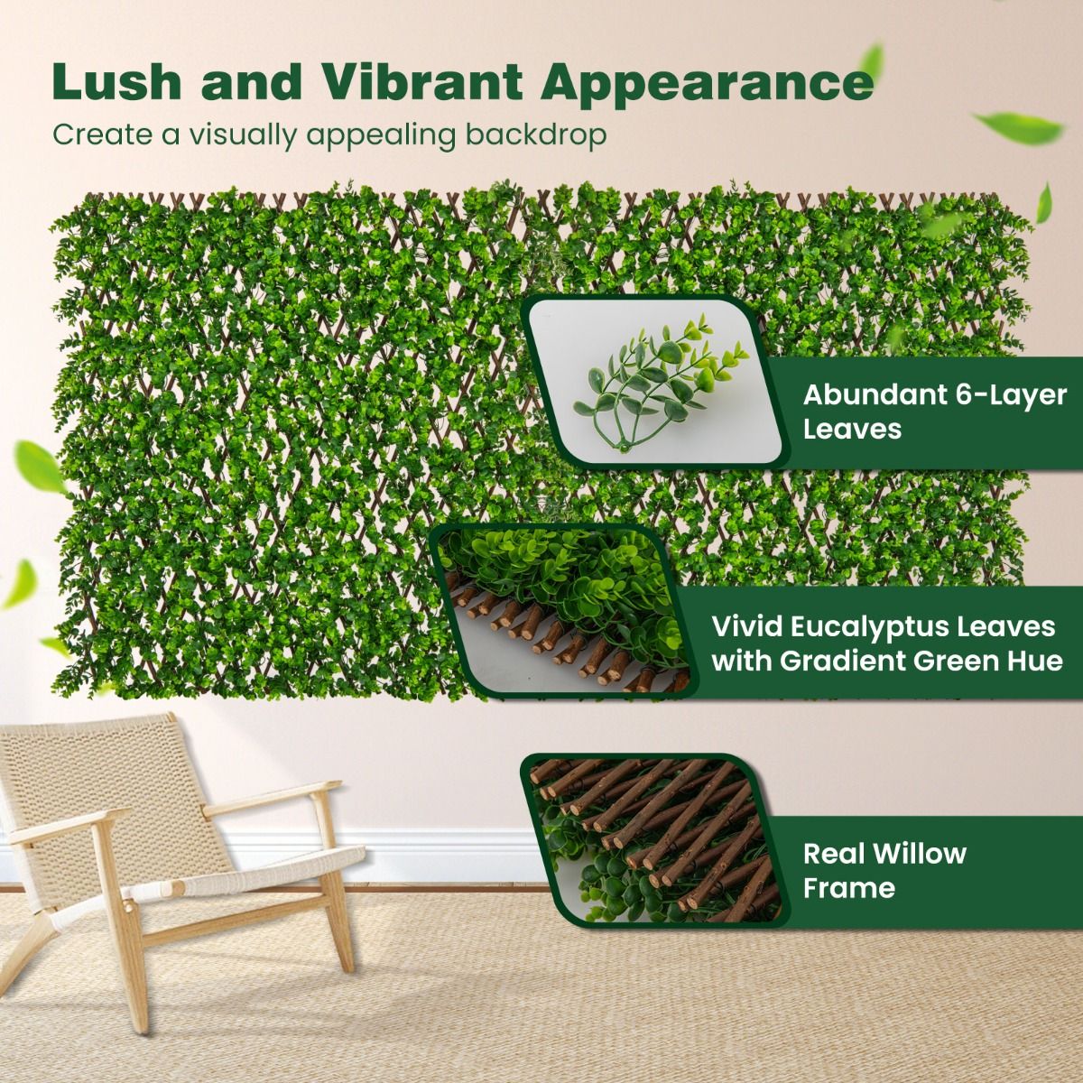 Coast Künstlicher Efeu Eukalyptus Sichtschutz - 180 x 90 cm - Grün - Versenkbarer Garten- und Balkon-Zaun aus Weide und PE