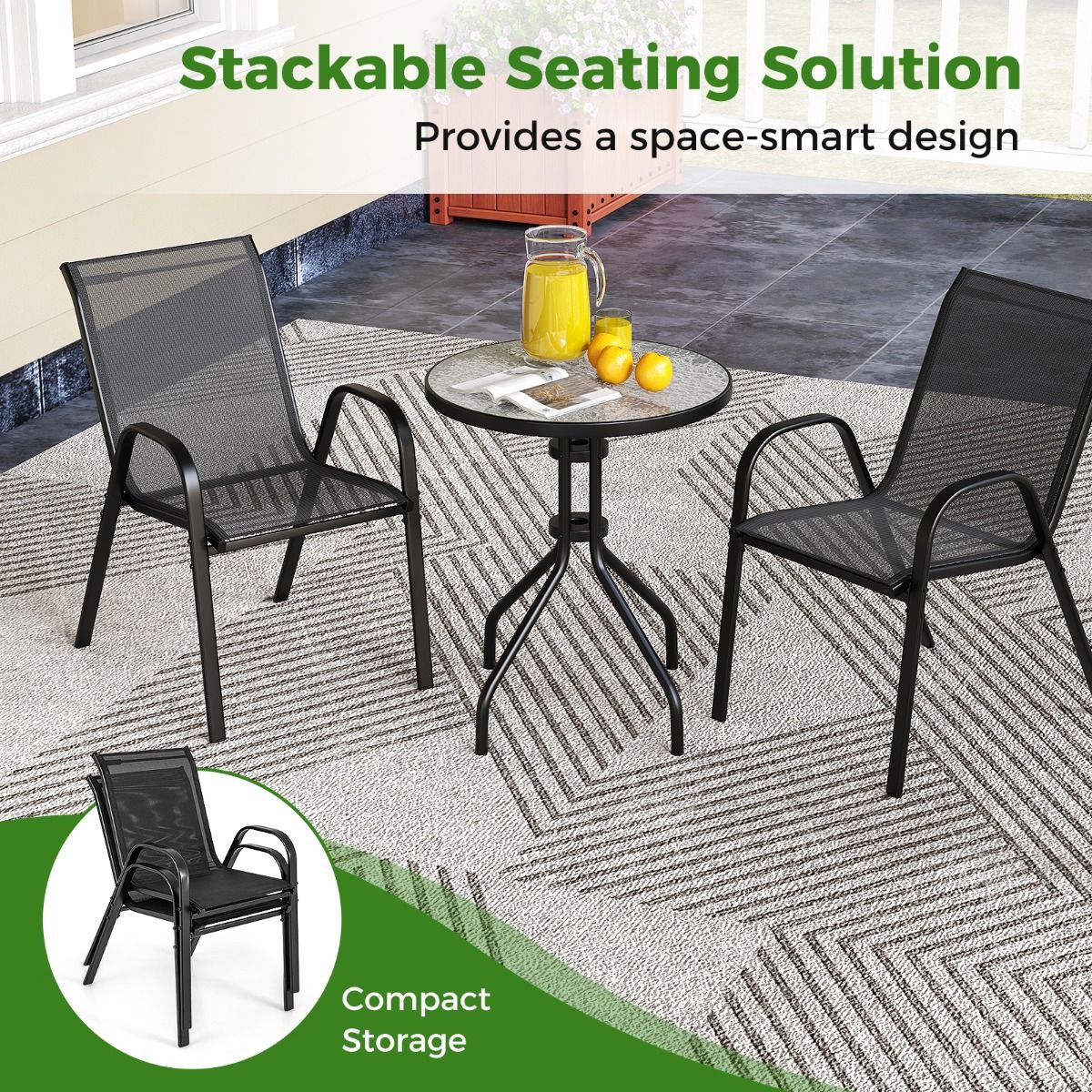 Coast 3-teiliges schwarzes Bistro-Set für draußen - Tisch Ø60x70 cm mit gehärtetem Glas & 2 stapelbare Stühle 56x67x84 cm