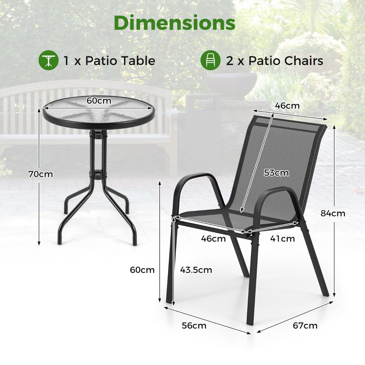 Coast 3-teiliges schwarzes Bistro-Set für draußen - Tisch Ø60x70 cm mit gehärtetem Glas & 2 stapelbare Stühle 56x67x84 cm